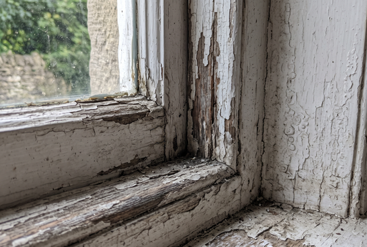 Old sash window joint sealed shut under layers of cracked paint
