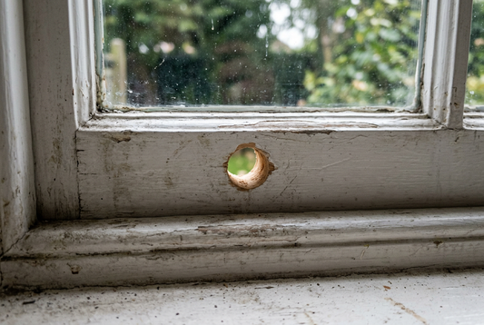 Small hole cut through a timber sash window rail for a cable