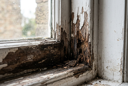 Rotten timber on a sash window bottom rail corner joint
