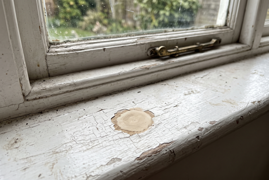 Old white painted timber window sill with cracked paint and a small patch of wood filler in a repaired spot