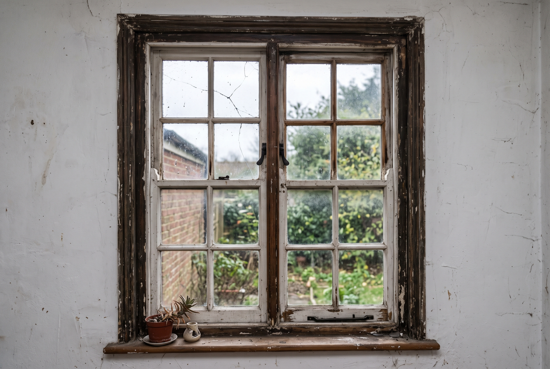 An old timber double hung sash window with a cracked pane of glass, seen from inside a room
