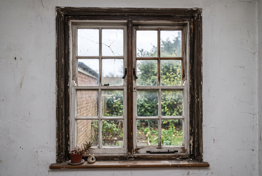 An old timber double hung sash window with a cracked pane of glass, seen from inside a room