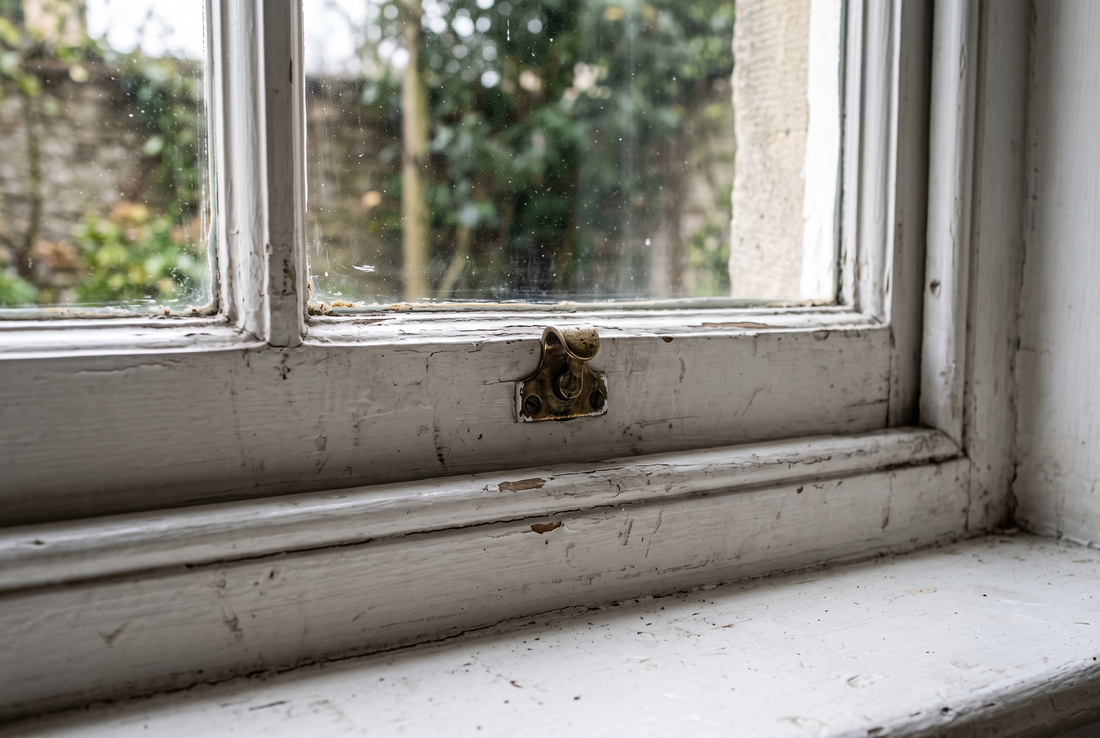 Old white painted timber sash window with a small brass sash lock on the meeting rail