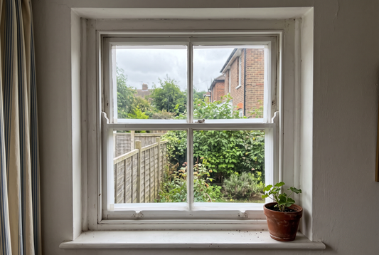Old white painted double hung sash window with secondary glazing film fitted over the glass, a garden view beyond and a potted plant on the sill