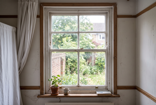 An old white painted timber double hung sash window seen from inside a room, with a potted plant and mug on the sill