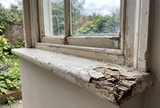 Old painted timber window sill with cracked, crumbling filler and rot at the corner where the paint has lifted
