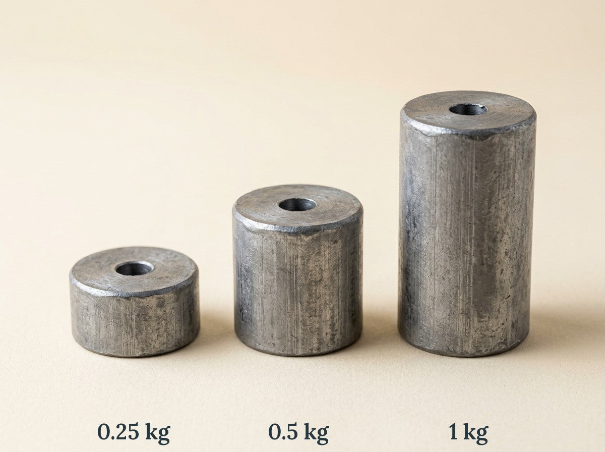 The three lead sash weight lot sizes side by side, unpeened: 0.25kg, 0.5kg and 1kg