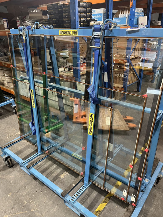 Panasonic Glavenir vacuum glass factory seconds racked at the Sellaseal Moonah warehouse